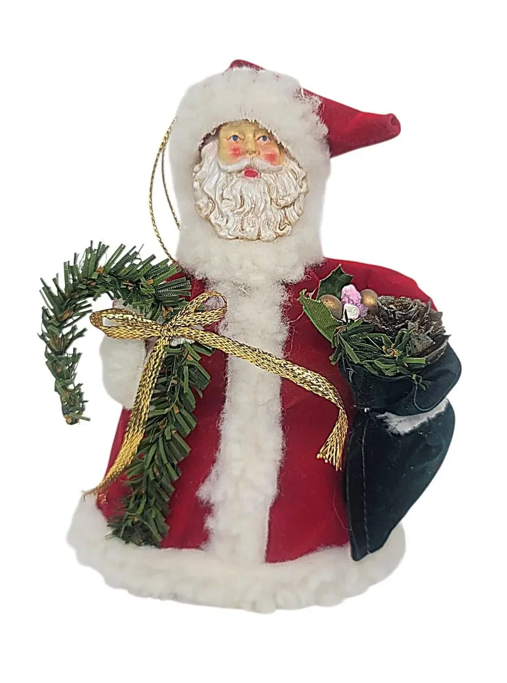 Vtg San Francisco Santa Claus Greenery Velvet Faux Fur Christmas Ornament 5.5